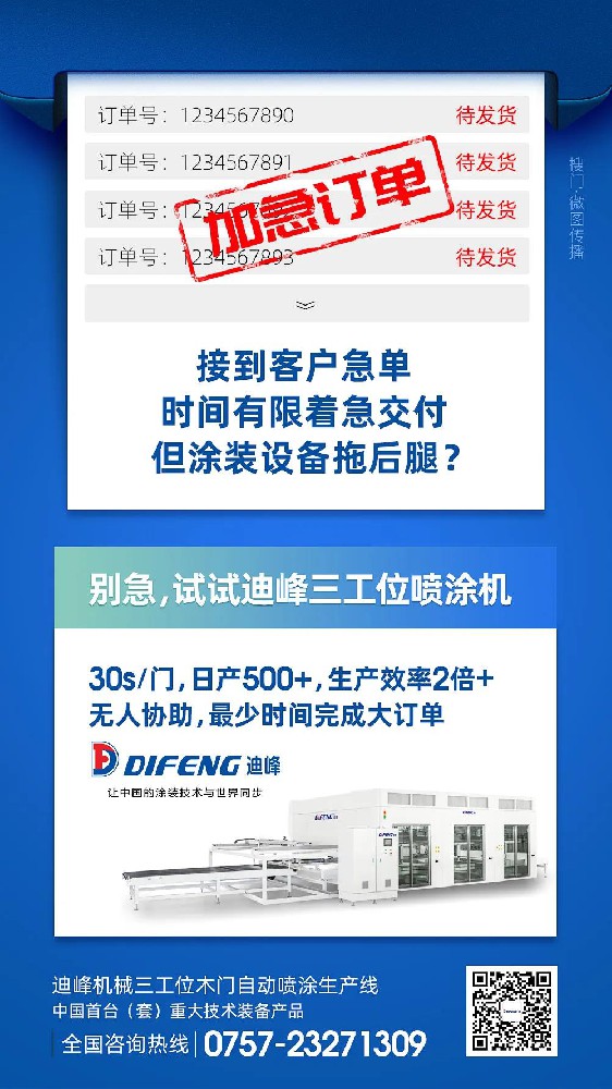 迪峰三工位木門自動噴涂生產線 ，最快30秒噴一扇門，無人協助，最少時間完成大訂單